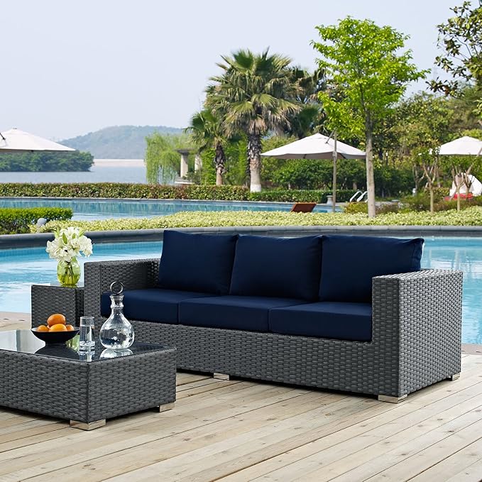 Modway Sojourn Wicker Rattan Outdoor Patio Sunbrella Fabric Sofa in Canvas Navy