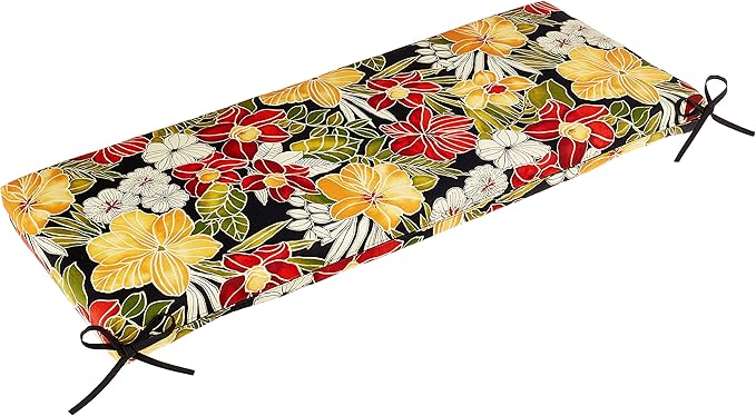 Pillow Perfect Tropic Floral Indoor/Outdoor Sofa Setee Bench Swing Cushion with Ties, Weather, and Fade Resistant, 18" x 45", Black/Green Clemens, 1 Count