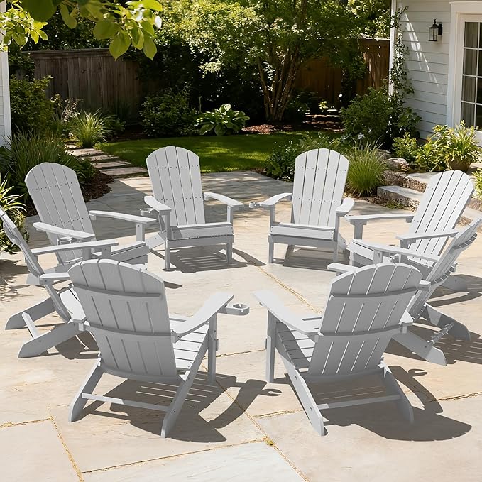 YEFU Adirondack Chairs Set of 8: Outdoor Chair HIPS Plastic Adirondack Chairs - Patio Chairs with Wood Texture - Lawn Fire Pit Deck Porch Garden Chairs for Adults(White)