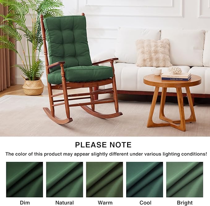 Rocking Chair Cushion, Waterproof and Fade-Resistant Patio Chair Cushions, Tufted Chair Pads for Rocker Furniture, 17x17 Inch, Indoor/Outdoor Seat Cushions with Ties, Dark Green