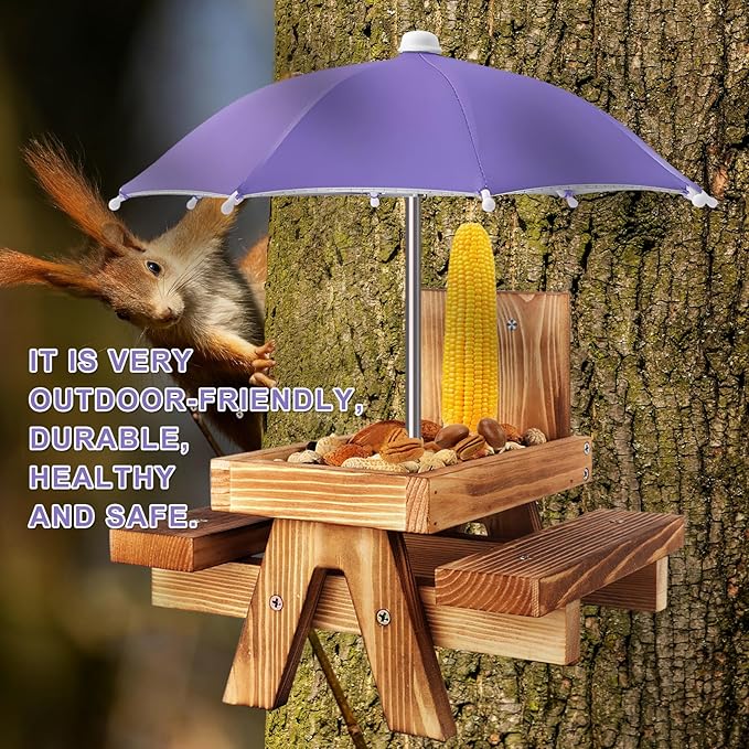 Gnodary Squirrel Feeder with Umbrella, Squirrel Feeders for Outside, Squirrel Picnic Table Feeder - Chipmunk Feeder Hold Corn, Corn Cob, Peanuts (Purple)