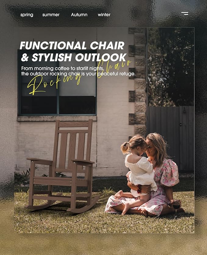 KINGYES Outdoor Rocking Chair, All-Weather Patio Rocking Chairs for Porch, HDPE Rocking Outdoor Chairs with High Back for Adult, Heavy Duty Outdoor Patio Rockers for Garden, Lawn, Brown