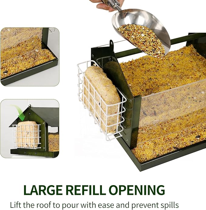 Solution4Patio Bird Feeders for Outdoors Hanging, All Metal, Double Suet Cake and Large Capacity, Hopper Tray & Weatherproof for Finch, Cardinal & Chickadee (Green)