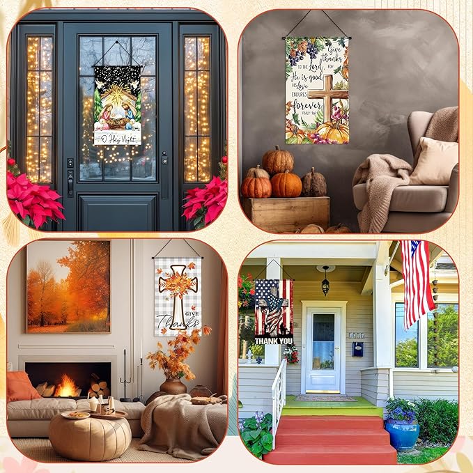 Tegeme 12 Pcs Christian Seasonal Door Banner St. Patrick's Day Easter Cross Spring Decor Door Sign Hanger 12 x 20 Inch Religious Holiday Hanging Flag Ornaments for Party Outdoor Indoor