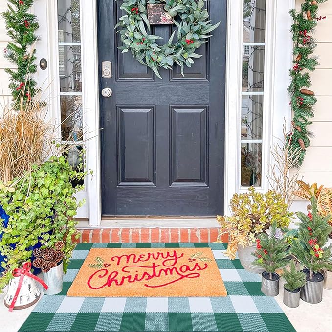 CAINANEL Green and White Buffalo Plaid Outdoor Rug Spring Door Mat Layering Rug Welcome Doormats for Spring Easter Farmhouse Entrance Porch Outdoors Decor
