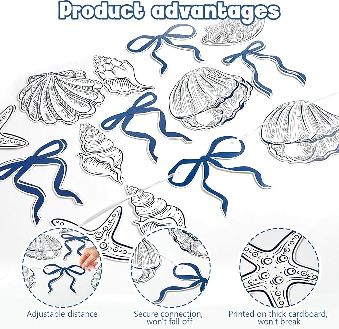 2 PACK Summer Banner Seashells Decor Party Decorations Party Supplies Birthday Decorations Blue Bow Starfish and Christmas Ornaments Under The Sea Paper Hanging Banner for Women Men Baby Showre