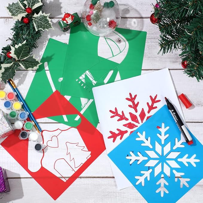 Henoyso 24 Pcs Winter Stencil Set 8 x 8 Inch Plastic Snowflake Drawing Painting Templates Assorted Stencils Reusable for Holiday Winter Themed Kids Painting on Wood Scrapbook DIY Art Crafts