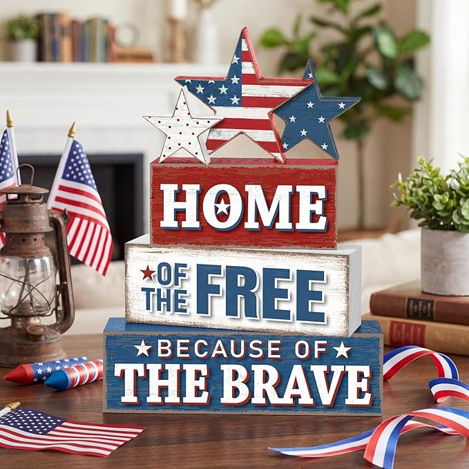 4 Pcs 4th of July Patriotic Table Decor Flag Star Wooden Sign Home of the Free Because of the Brave Block Red White Blue Tiered Tray Decor Rustic Tabletop Centerpiece for Home Desk Shelf Mantel