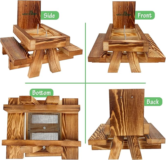 MIXXIDEA Squirrel Feeder Picnic Table with Tall Umbrella, Wooden Squirrel Feeders for Outside, Cute Chipmunk Feeder with Corn Cob Holder, Solid Structure, Thick Wood (Rustic Brown Red Umbrella)