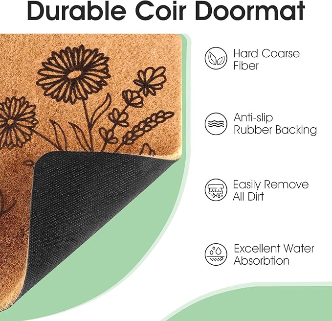 Hello Spring Door Mat for Front Door Welcome Matt Outdoor with Wildflower Bouquet Doormat Indoor Entrance with Flowers, Perfect Home Floral Decor (Brown)