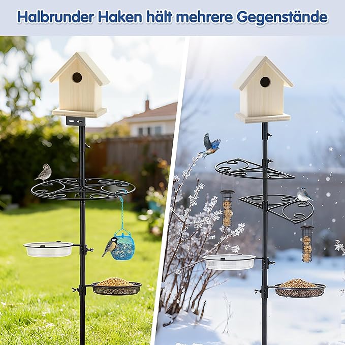 Bird Feeder Pole Stand with Semicircular Hook - Outdoor Bird Feeding Station Set: Bird House Frame, Mesh Tray & Wind-Resistant Water Bowl with Metal Snap Fastening