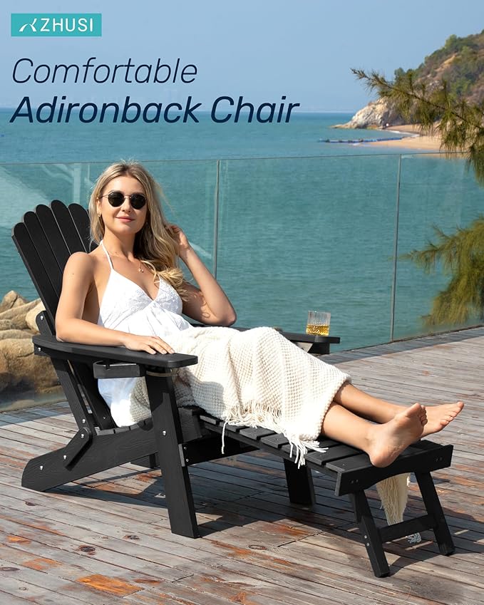 ZHUSI Folding Adirondack Chairs Set of 4 with Retractable Ottoman, Adjustable Adirondack Chair with 2 Cup Holders, Outdoor Chairs for Porch Patio Lawn Balcony Weather Resistant, Black