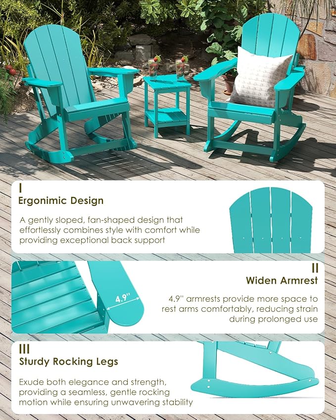 GREENVINES Adirondack-Rocking-Chairs | Set of 2 | HDPE Plastic | Porch Rocker Chair | for Outdoor Patio Deck | Weatherproof | Aqua
