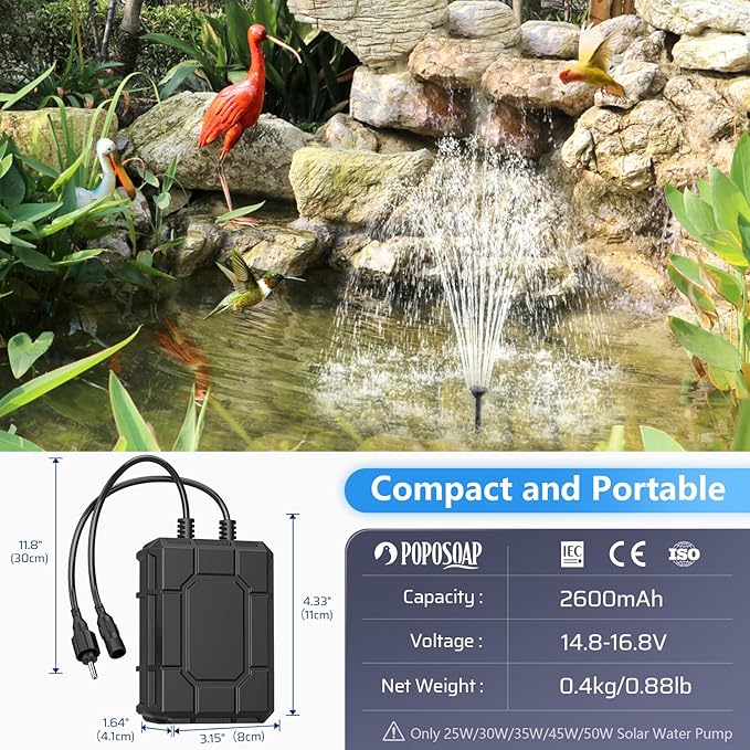 POPOSOAP 2600mAh Battery Backup for Solar Fountain Pump, 14.8V-16.8V Battery Backup Solar Water Pump for 25W/30W/35W/45W Solar Water Fountain Kit