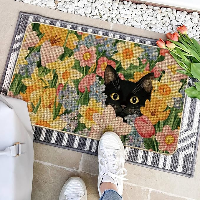 Artoid Mode Black Cat Floral Flowers Spring Doormat,Home Decor Door Mat Low-Profile Switch Rug Floor Mat for Indoor Outdoor 17x29 Inch