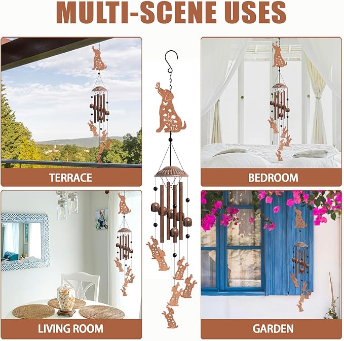 Dog Wind Chimes for Outside, Hanging Metal Windchimes Outdoors for Garden, Patio, Yard, Dog Lover Gifts for Women, Men, Garden Decor, Birthday, Festival, Sympathy Memorial Gift with Box