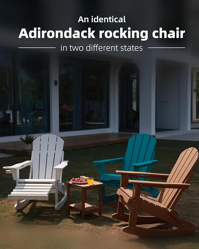 Folding Adirondack Rocking Chair Set of 2,4-in-1 Multifunctional Patio Chairs with Retractable Ottoman, Outdoor Chairs Wood Texture, Lawn Chair for Porch, Backyard, Pool(Grey)