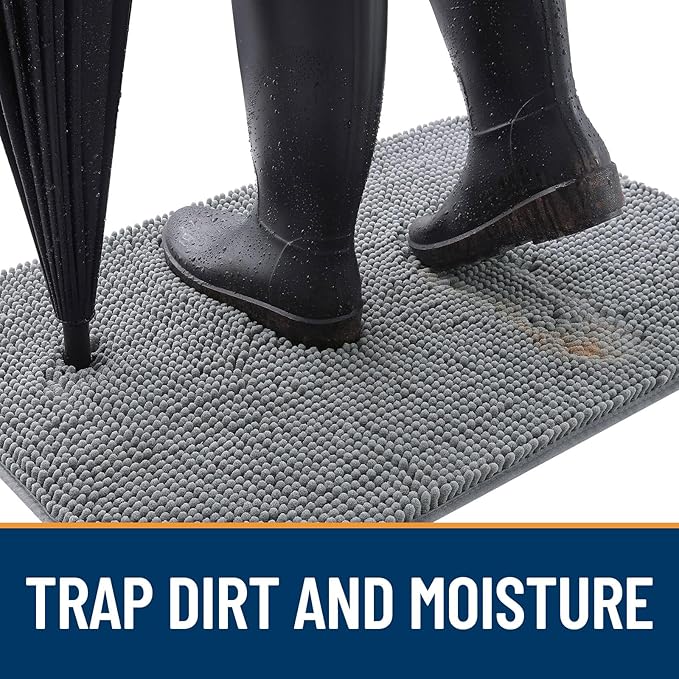 OLANLY Dog Door Mat for Muddy Paws 34x21, Absorbs Moisture and Dirt, Absorbent Non-Slip Washable Doormat, Quick Dry Chenille Mud Mat for Dogs, Entry Indoor Entryway Carpet for Inside Floor, Grey
