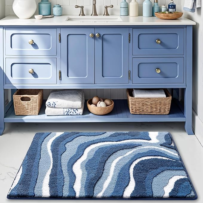 LUMI Absorbent Bathroom Rug Non Slip Rubber Backing, Machine Washable Wave Bath Mat Soft Premium Microfiber, Beach Bath Rugs Quick Dry for Bathtub and Shower Floor, 16"x24"
