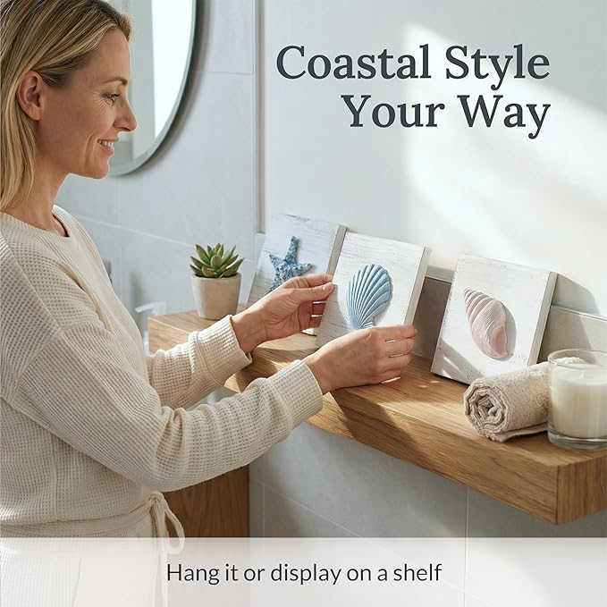Tide and Tales 3D Beach Wall Art - Seashell with Starfish for Coastal Bathroom Decor, Ocean Inspired Decor for Bathroom, Coastal Bedroom, Living Room or Beach House, Set of 3 (6”x 6”)