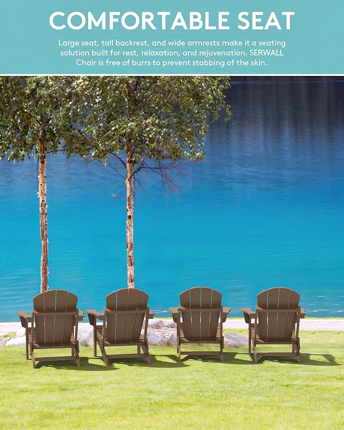 SERWALL Adirondack Chair Set of 6 Folding Adirondack Chairs with Cup Holder for Patio Garden Weather Resistant Outdoors Fire Pit Chairs- Brown