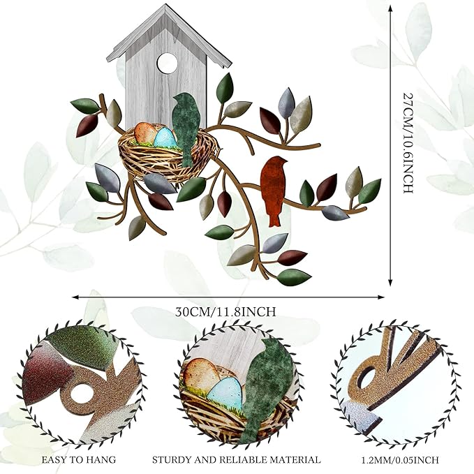 Peryiter Birds Wall Metal Decor for Outdoor Art Hanging Metal Tree with Birdhouse for Living Room Tree Leaf Wall Decor for Indoor Outdoor Garden(White)