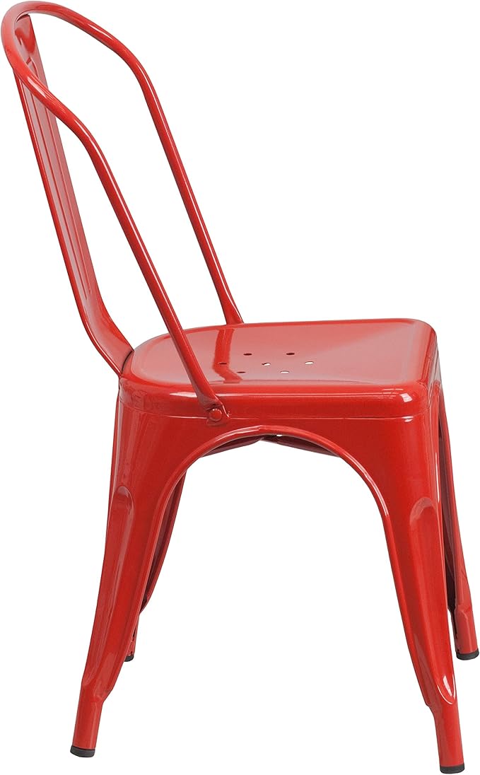 EMMA + OLIVER Commercial Grade 31.5" Square Red Metal Indoor-Outdoor Table Set-4 Stack Chairs