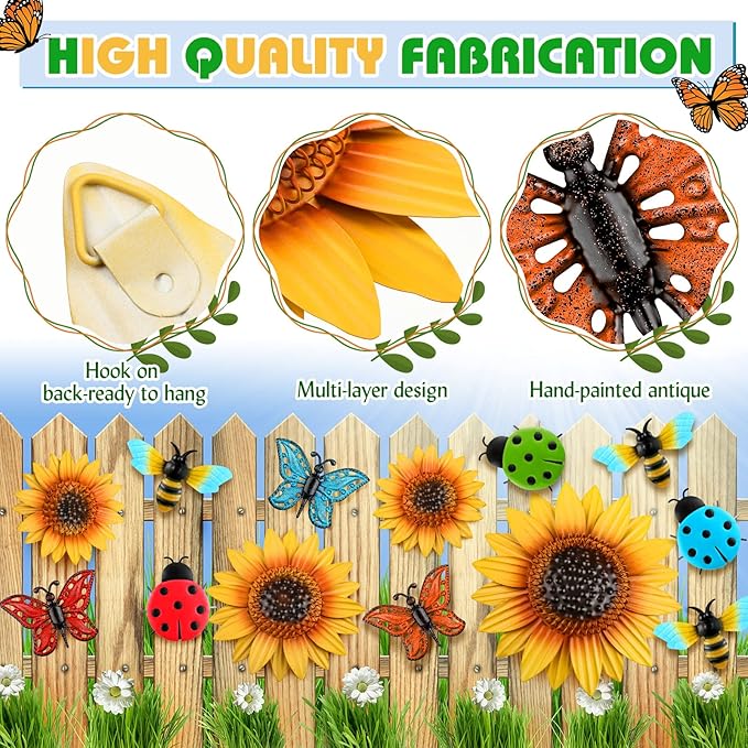 Sweetude 12 Pcs Metal Sunflower Wall Decor Colorful Metal Dragonfly Butterfly Outdoor Decor Garden Fence Patio Yard Flowers Wall Art Summer Flowers Hanging for Home VBS 2025(Novelty Style)