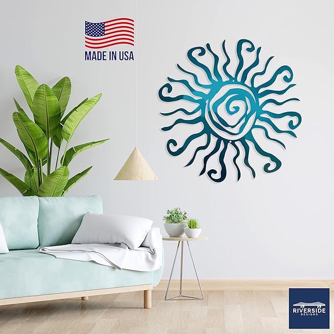 Riverside Designs Wacky Sun Metal Wall Art Indoor/Outdoor Decor - 24" Teal Rust Proof Wall Sculpture - Made in USA - Ideal for Bedroom, Garden, Home, Patio and Farmhouse