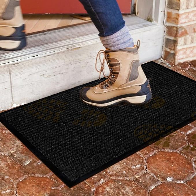 LuxUrux Durable Rubber Door Mat - Heavy Duty, Indoor/Outdoor, Easy to Clean, Waterproof, Low-Profile Entry Mat for Entry, Patio, Garage - High Traffic - 17'' x 30'', Striped Black Design