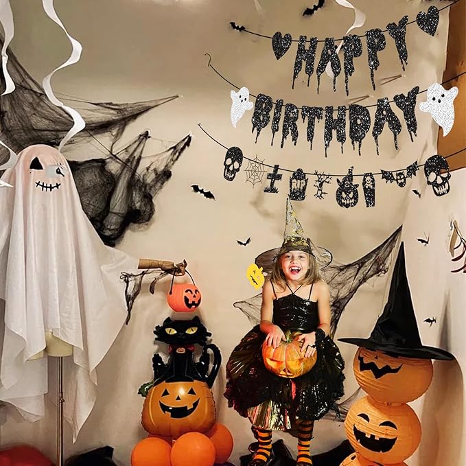 Black Glitter Halloween Happy birthday Banner Halloween Banner Party Decorations Party Supplies Decoration Birthday Decorations Baby Shower Unisex Decoration