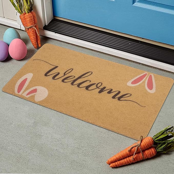 Easter-Decorative-Welcome-Doormat Outdoor-Entrance Easter Bunny Door Mat Non Slip Coir Front Door Mats for Spring Home Decor 17" x 29"