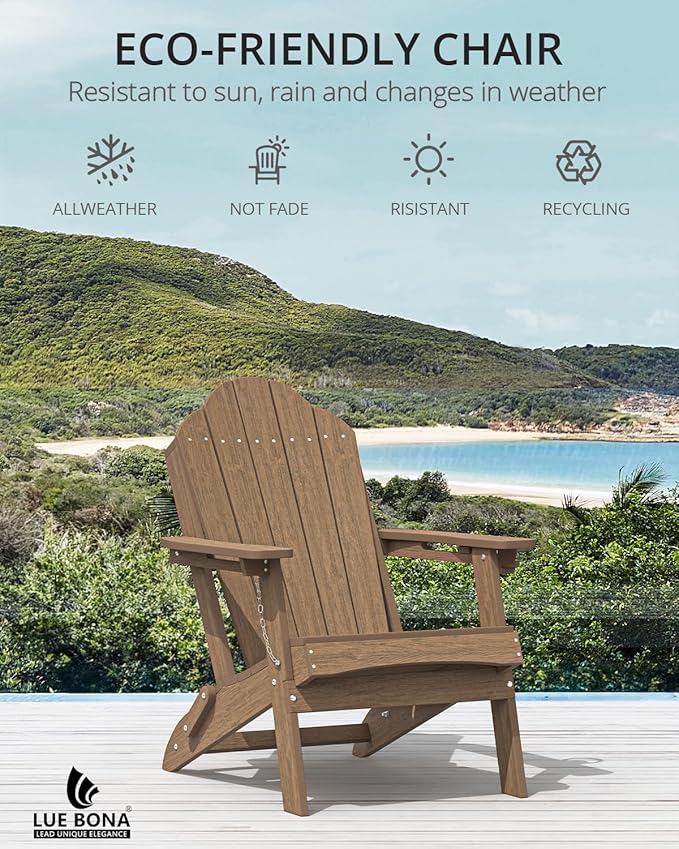 LUE BONA Folding Adirondack Chair, Chairs Set of 6, Cup Holder, Woodgrain, Fire Pit, Patio, Pool, Brown