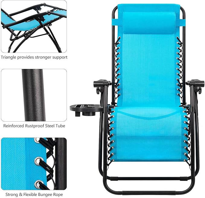 Devoko Patio Zero Gravity Chair Outdoor Folding Adjustable Reclining Chairs Pool Side Using Lawn Lounge Chair with Pillow Set of 2 (Blue)