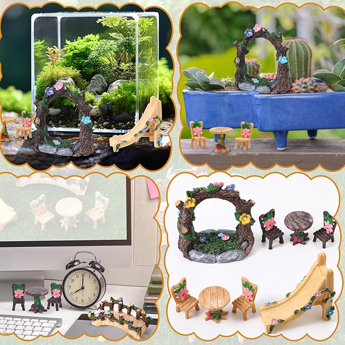 9 Pcs Fairy Garden Accessories - Miniature Garden Kit Landscape Decorations Table and Chairs Set Fairy Garden Furniture Ornaments Bridge Flower Slide Figurine for Terrarium Potted Plants, Dollhouse