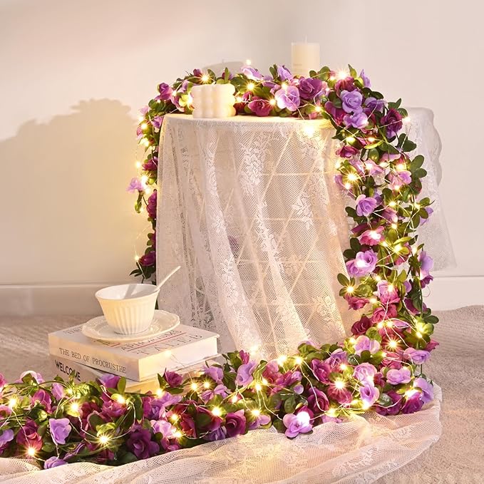 BLEUM CADE 5Pcs 41Ft Flower Garland Artificial Rose Vines with 32.8Ft String Lights, Cute Fake Hanging Flower Vines Floral Garland Decorations for Wedding Party Wall Room Decor Aesthetic