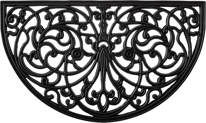 Kempf Rubber Scroll Doormat Half Moon Mat, Indoor Outdoor Entrance Mat, Low Clearance, Functional and Easy to Clean, Wrought Iron Scroll Design