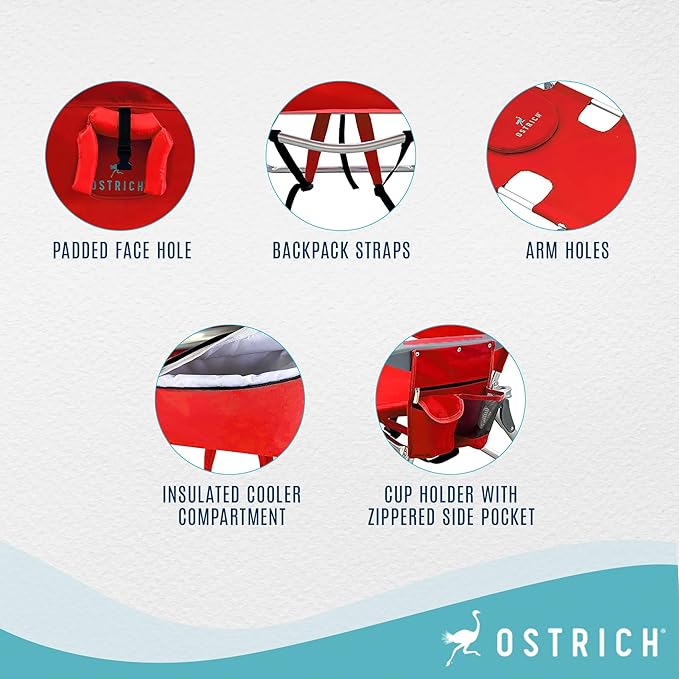 Ostrich Deltess 3N1 Portable Tanning Chair, Reclining Outdoor Lounger, and Cooler Bag, Lightweight and Adjustable, Red