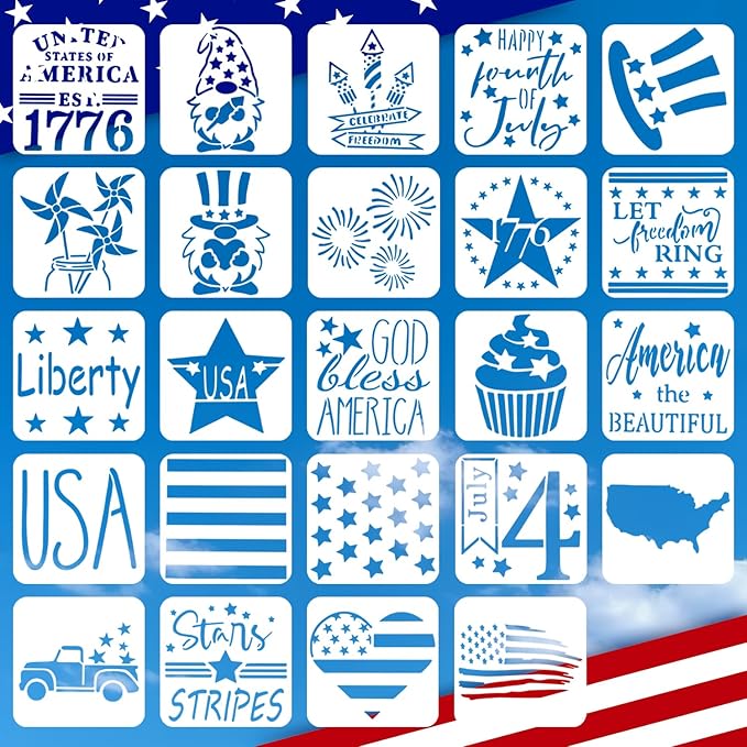 Patriotic Stencils, 24 PCS Reusable 4th of July Stencils Independence Day Templates for Painting American Flag Scrapbooking Wall Floor Home Decor DIY Rock Painting Art Projects 3 x 3 Inch