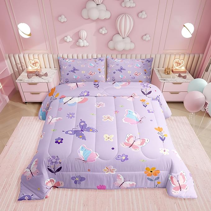 Erosebridal Purple Floral Twin Comforter Set,Cute Butterfly Bedding Sets for Kids Girls Teen,Coquette Flower Quilt Bed Set,Dreamy Flowers Garden Bedroom Decor,1 Pillowcase Breathable