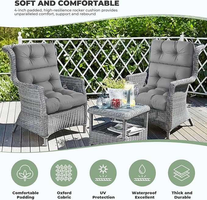 Outdoor/Indoor High Back Chair Cushion, Waterproof Outdoor Rocking Chair Cushion with Ties, Tufted Replacement Seat Cushions for Outdoor Furniture, Grey
