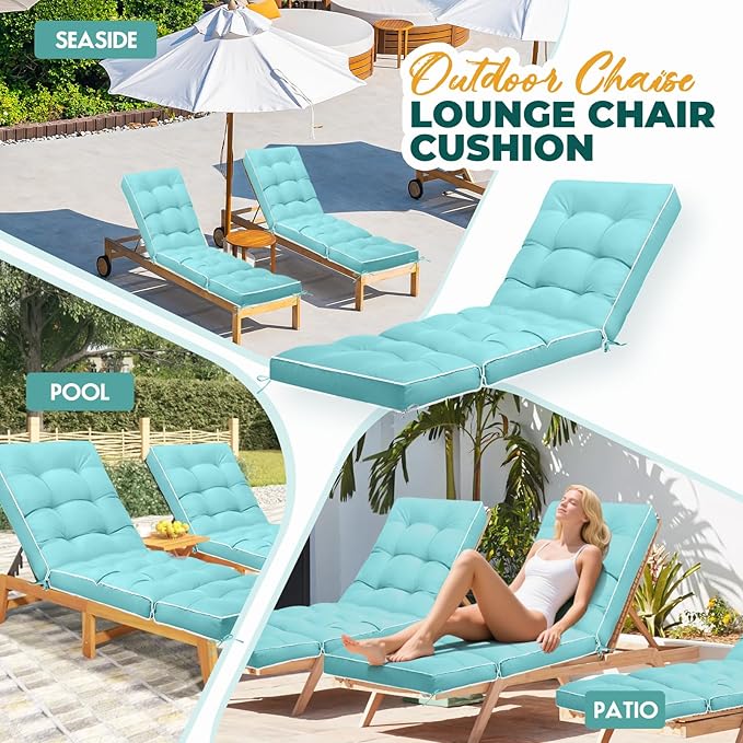 Outdoor Chaise Lounge Chair Cushion, Waterproof Non-Slip Patio Chaise Lounge Cushions for Outdoor Furniture, Thickened Patio Pool Lounger Chair Cushion, 76.4 x 22.8 x 4.7 Inches, Teal