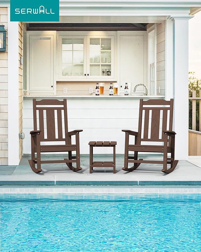 SERWALL Oversized Rocking Chair Set of 2 Outdoor, HDPE Outdoor Rocking Chair Set of 2, Coffee