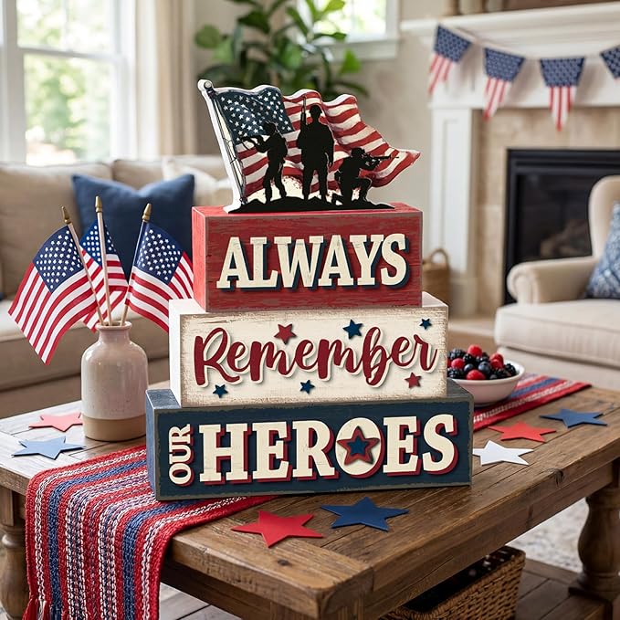 4 Pcs Memorial Day Table Decor Patriotic Always Remember Our Heroes Wooden Sign Fourth of July Tiered Tray Decor Red White Blue Table Centerpiece for Home Office Desk Shelf Mantel Decorations
