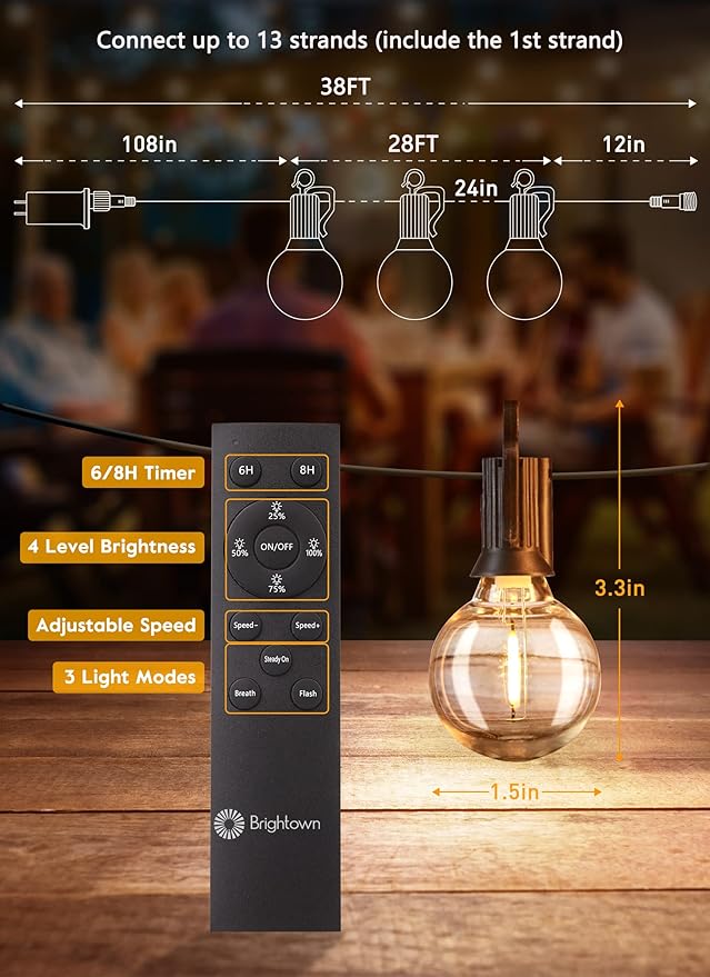 Brightown Led String Lights Outdoor 38Ft(28+10) with Remote Hooks and Clips, Patio String Lights for Outside with 17 Shatterproof Bulbs(2 Spare), Hanging Lights for Backyard Party Cafe, E12 Socket