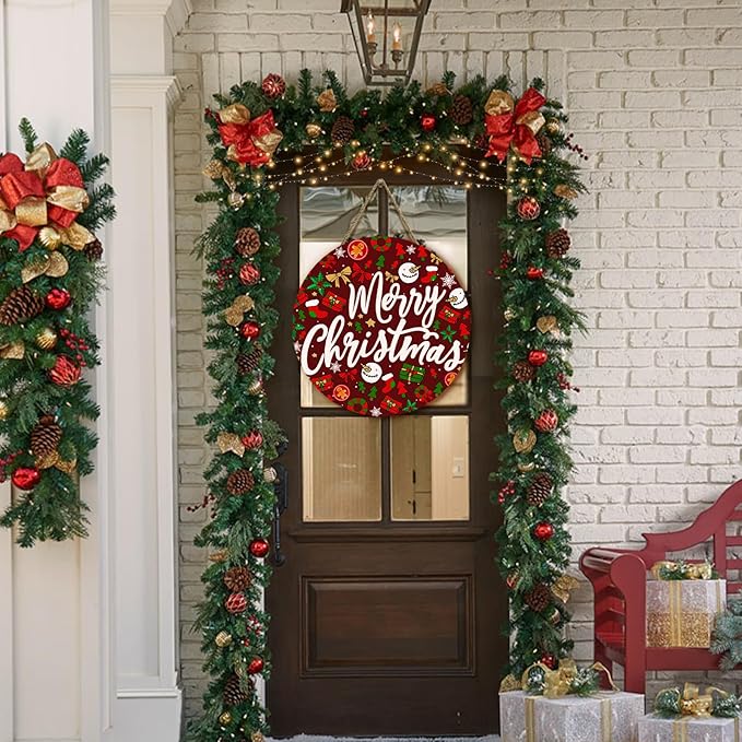 Merry Christmas Welcome Wooden Door Sign for Front Door Winter Christmas Door Hanger Xmas Holiday Hanging Wall Sign for Farmhouse Home Porch Outdoor Decorations