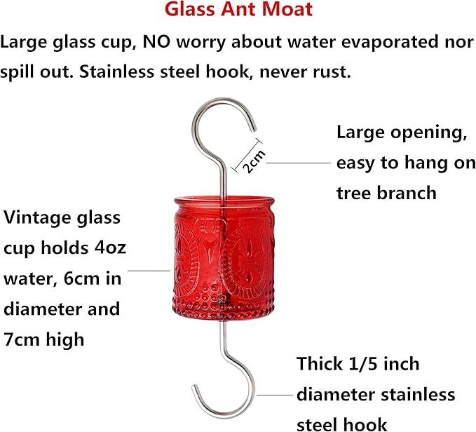 4OZ Vintage Glass Ant Moat for Hummingbird Feeder 4 OZ Large Capacity Stainless Steel Hooks (Red)