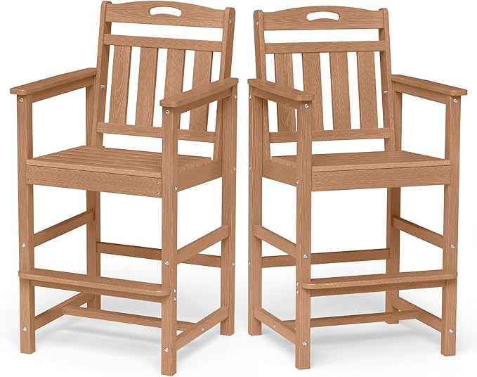 Ciokea Set of 2 Outdoor Tall Bar Chairs, 27" Bar Height Patio Stools with Arms & High Back, Heavy Duty All-Weather Adirondack Tall Chairs for Balcony, Poolside, Deck and Garden, Teak