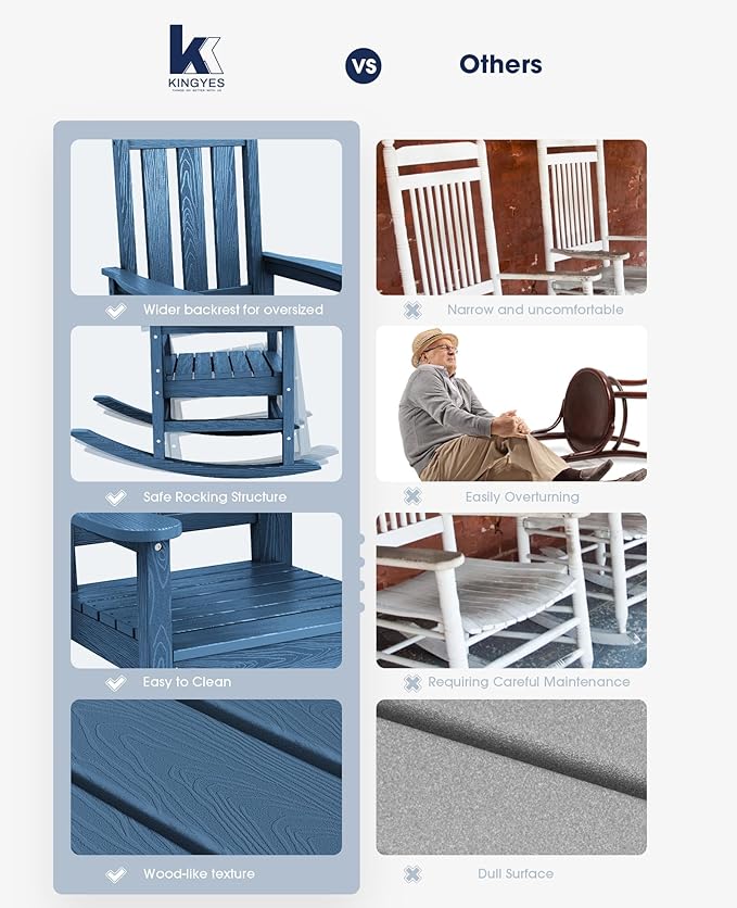 KINGYES Outdoor Rocking Chair Set of 2, All-Weather Patio Rocking Chairs for Porch, HDPE Rocking Outdoor Chairs with High Back for Adult, Heavy Duty Outdoor Patio Rockers for Garden, Lawn, Blue
