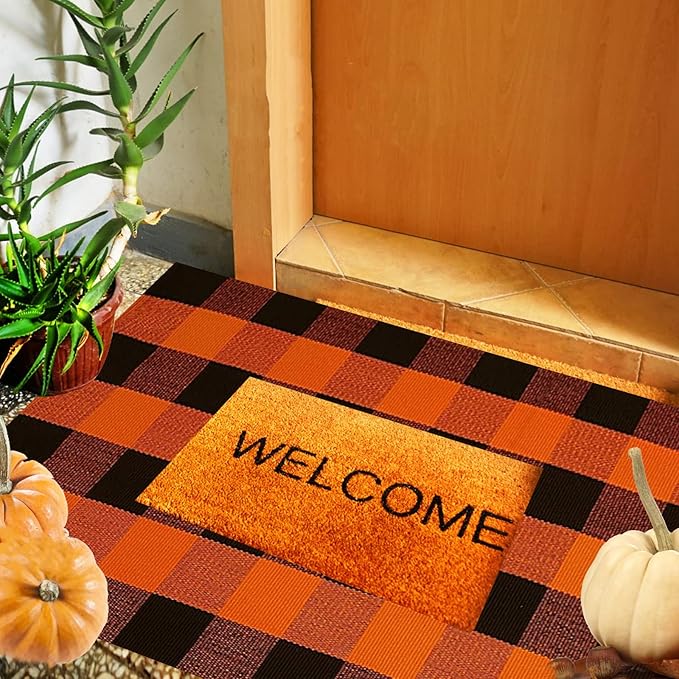 SEEKSEE Cotton Buffalo Plaid Rug 27.5"x43" Orange and Black Checked Rug Washable Doormats Indoor Outdoor Rugs for Layered Front Door Mats, Porch, Kitchen, Farmhouse, Entryway